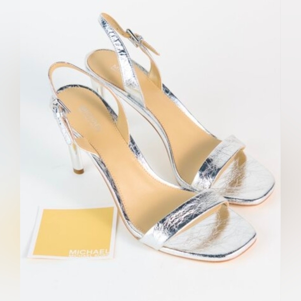 Michael Kors Kasia Crushed Silver Leather Metallic Heels